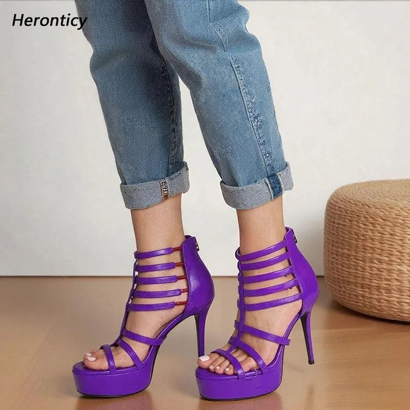 Heronticy Handmade Women Summer Sandals Hollow Out Round Toe Thin High Heels Pretty Purple Party Shoes Ladies US Size 5-20