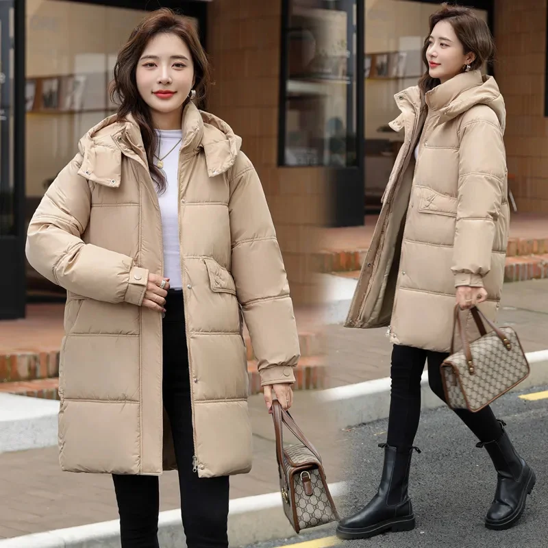 New Winter Women Medium Long Jacket Parkas Female Down Cotton Jackets Solid Hooded Casual Warm Parka Female Outwear Overcoat