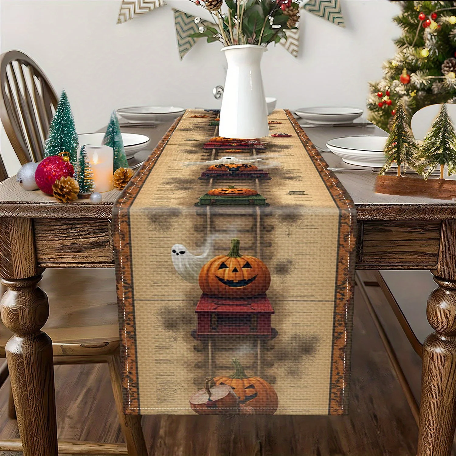 1Pc Halloween Themed Table Runner with Steam Locomotive, Pumpkin Lantern and Pattern, Suitable for Parties, Restaurants, Homes, Markets, Holiday Decoration Scenes.