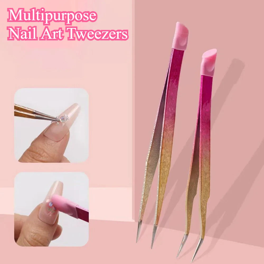 

1PC Nail Art Tweezers Dual Ended Rhinestones Stickers Picking & Silicone Pressing Head Eyelash Extension Makeup Tools Wholesale