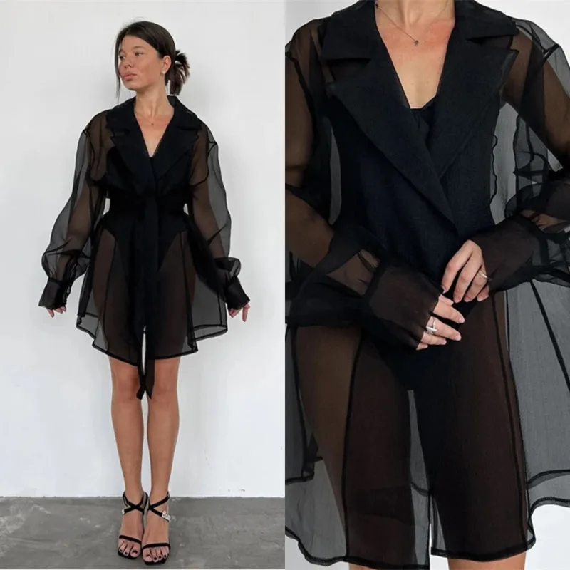 

Sexy Perspective Black Mesh Cardigan Top Spring Summer New Lace Up Nightgown Fashionable Women's Long Sleeved Short Home Clothes