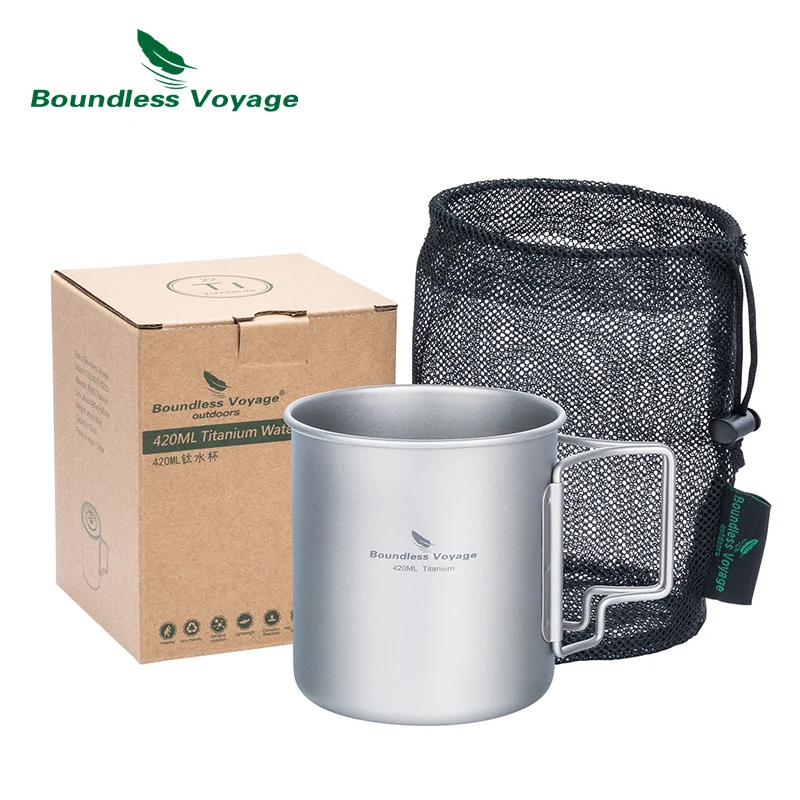 Boundless Voyage Titanium Cup with Foldable Handle Outdoor Camping Water Mug Ultralight Tableware Only 77g 14.3oz/420ml Ti3024D