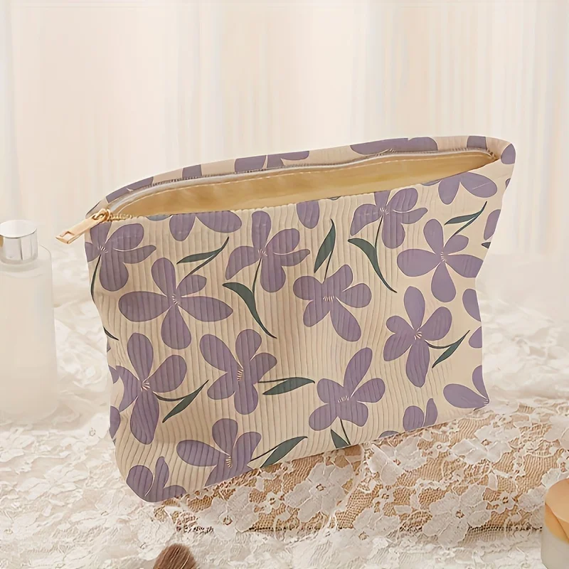 Beautiful Flower Pattern Printed Corduroy Zipper Storage Bag for Makeup, Lightweight Makeup Bag Multifunctional Wash Bag
