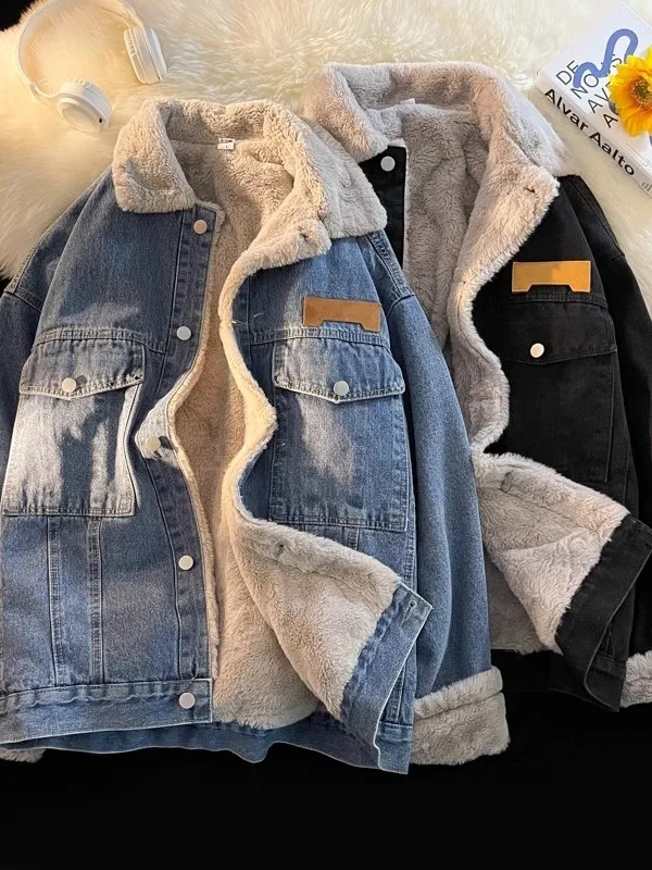 الشتاء Thiened Fce اصطف عادية فضفاضة تناسب فرو الضأن الدافئة القطن الدنيم Jaet للرجال العلامة التجارية العصرية بدوره إلى أسفل طوق معطف