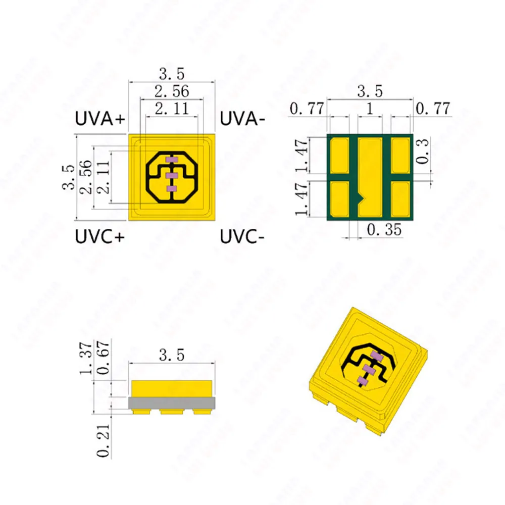 Deep UV LED UVC 280nm UVB 300nm + UVA 395nm Diodo 3535 SMD 5~15mW Produzione di chip Lampada UV ultravioletta utilizzata per la purificazione