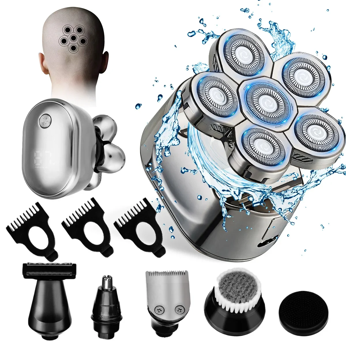 New 6 in 1 Rechargeable Electric Shaver LCD Display 6 Floating Heads Wet Dry Men Hair Beard Trimmer Electric Razor Shaving Kit