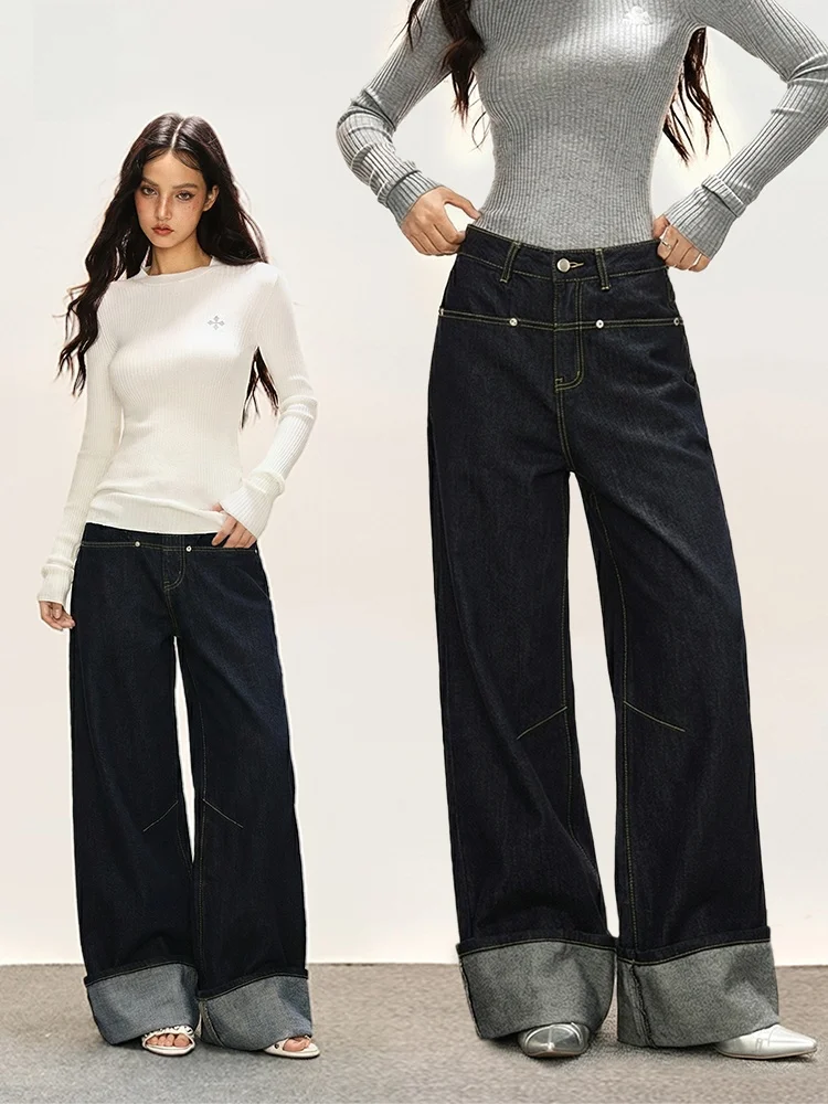 

Женские зимние брюки-палаццо в американском ретро-стиле с высокой талией, свободного прямого кроя, с дизайнерским акцентом в стиле Spicy Girl