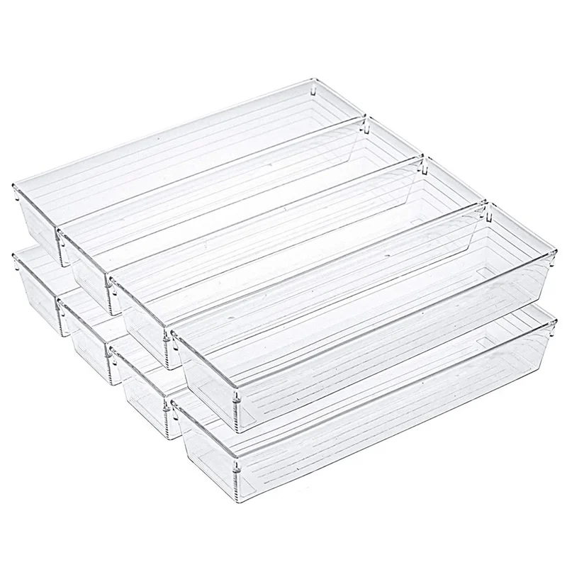 10 Pack 12 x 3 x 2 Inch Clear Drawer Organizer Trays, Desk Drawer Divider Storage Bins, Storage Box Set for Kitchen