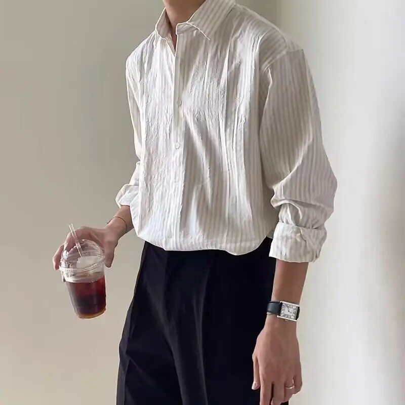 

Men's French Vintage Striped Shirt Spring Casual Fashion Loose Male Lapel Long Sleeve Single-breasted Commute Shirts