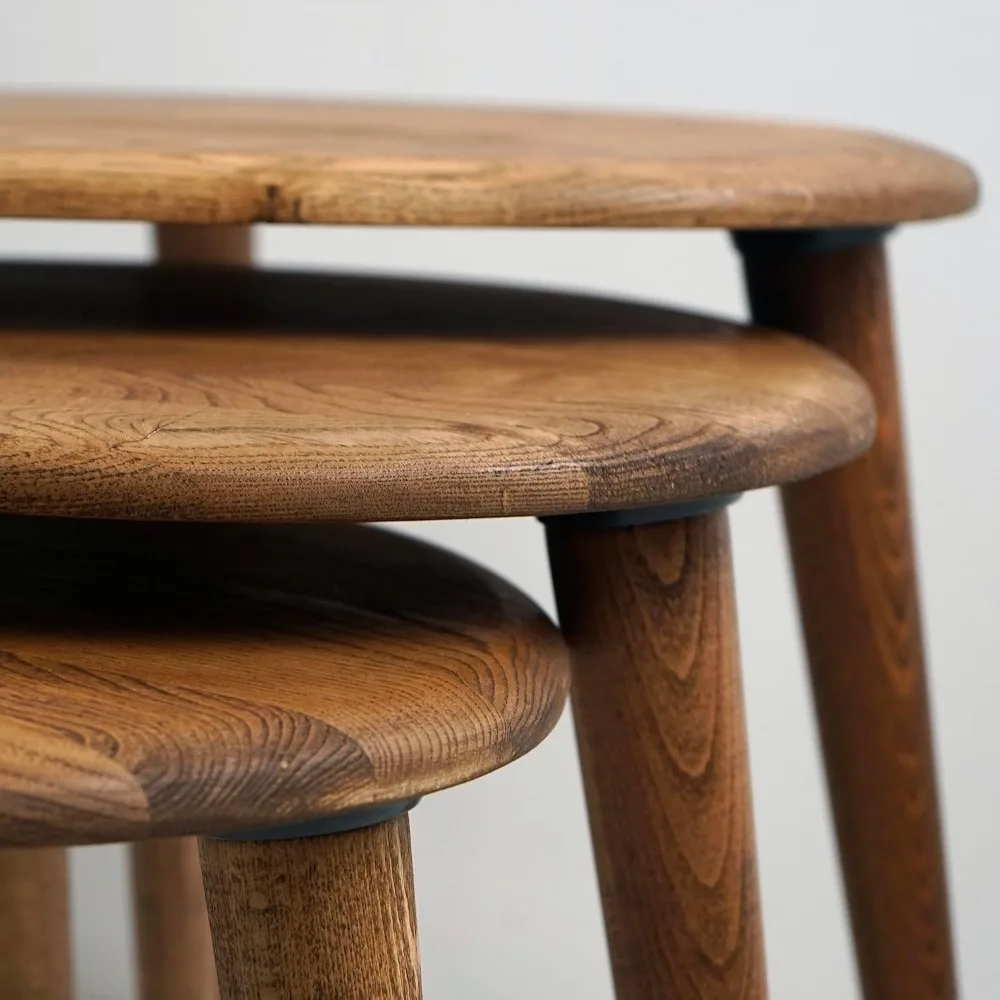 Mid Century-Inspired Chestnut Solid Nesting Tables Trio with Tapered Wooden Legs - Retro Wooden Home Furniture