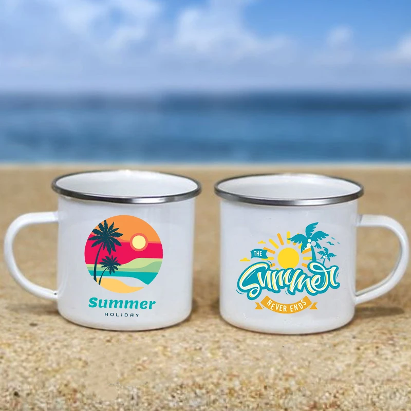 Hello Summer Coconut Tree Print Enamel Creative Coffee Tea Water Milk Cup Sea Vacation Juice Cola Mugs Handle Drinkware Mug Gift