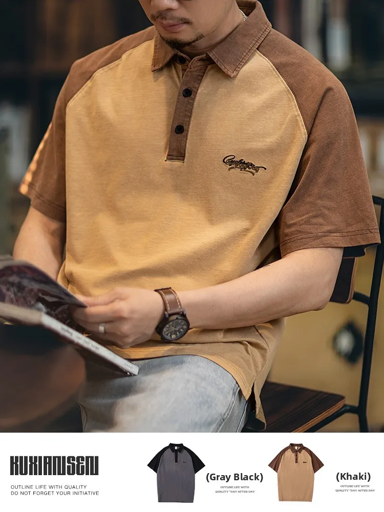 Retro American Color Block Short Sleeve  Shirt Men's Summer New Half Sleeve Casual Collar Embroidery T-Shirt Cotton Blend...