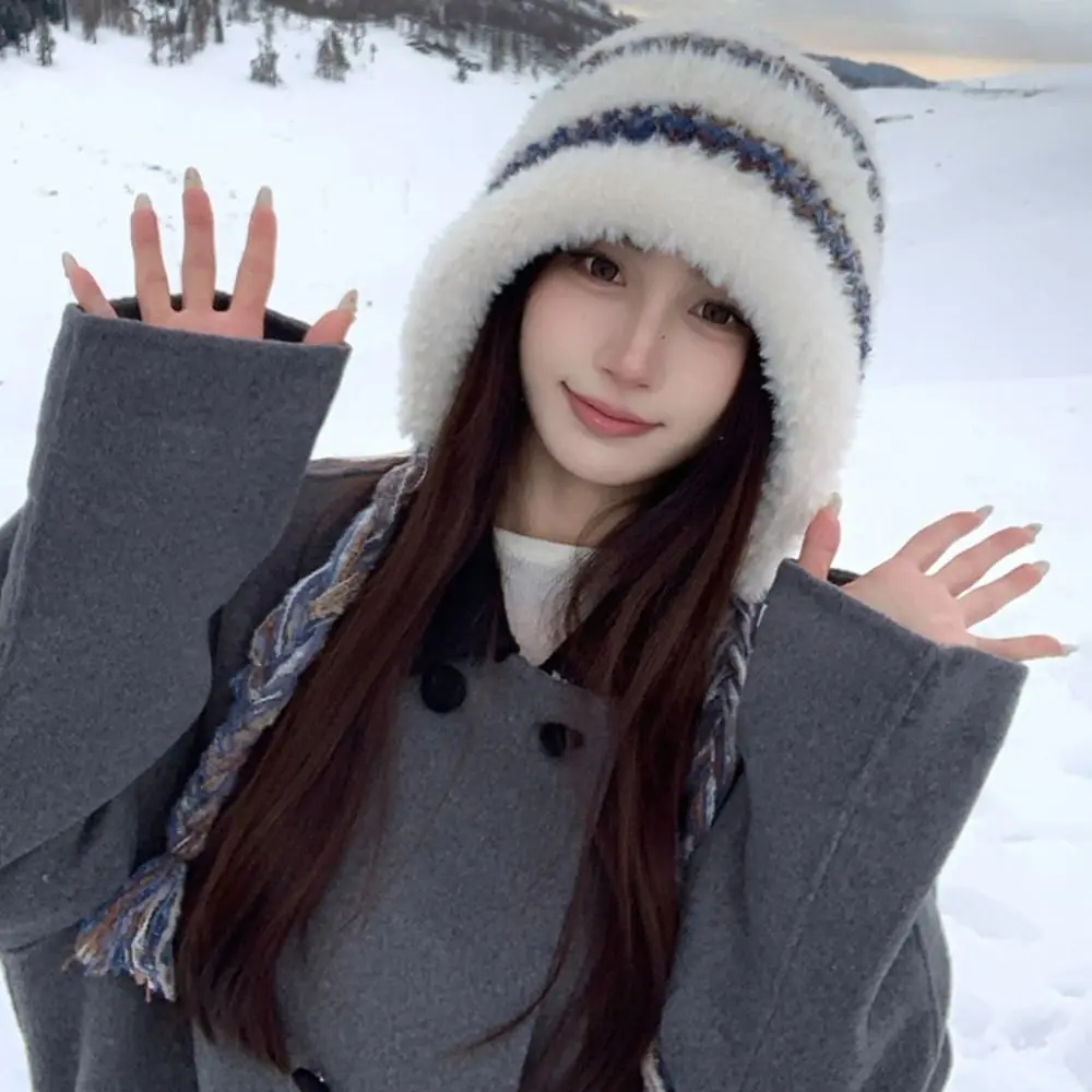 Geschenke im koreanischen Stil: Ohrenschutzmütze, winddicht, verdickt, gestrickt, warm, Kopfbedeckung, bunte Plüsch-Pullover-Mützen für Damen