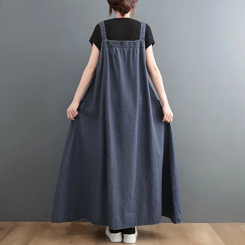 Denim Dress Women Strap Dresses Sleeveless Overalls Sundress Pockets Maxi Gown Vintage Streetwear Washed Female Summer Vestidos