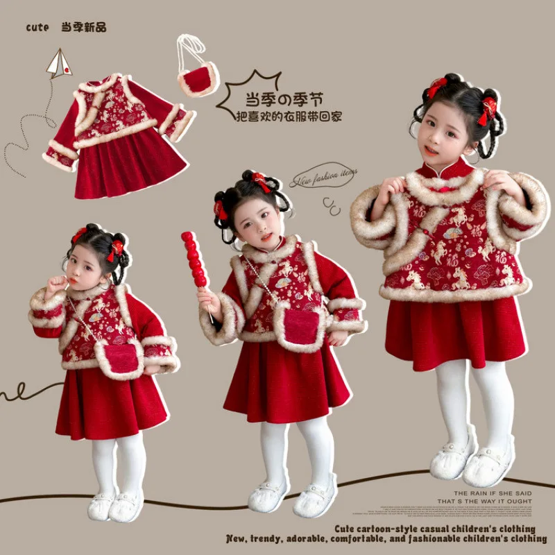 

Girls Winter Fleece-Lined New Chinese Style Red New Year Dress Baby Girl Autumn Winter Warm Chinese Style Princess Dress