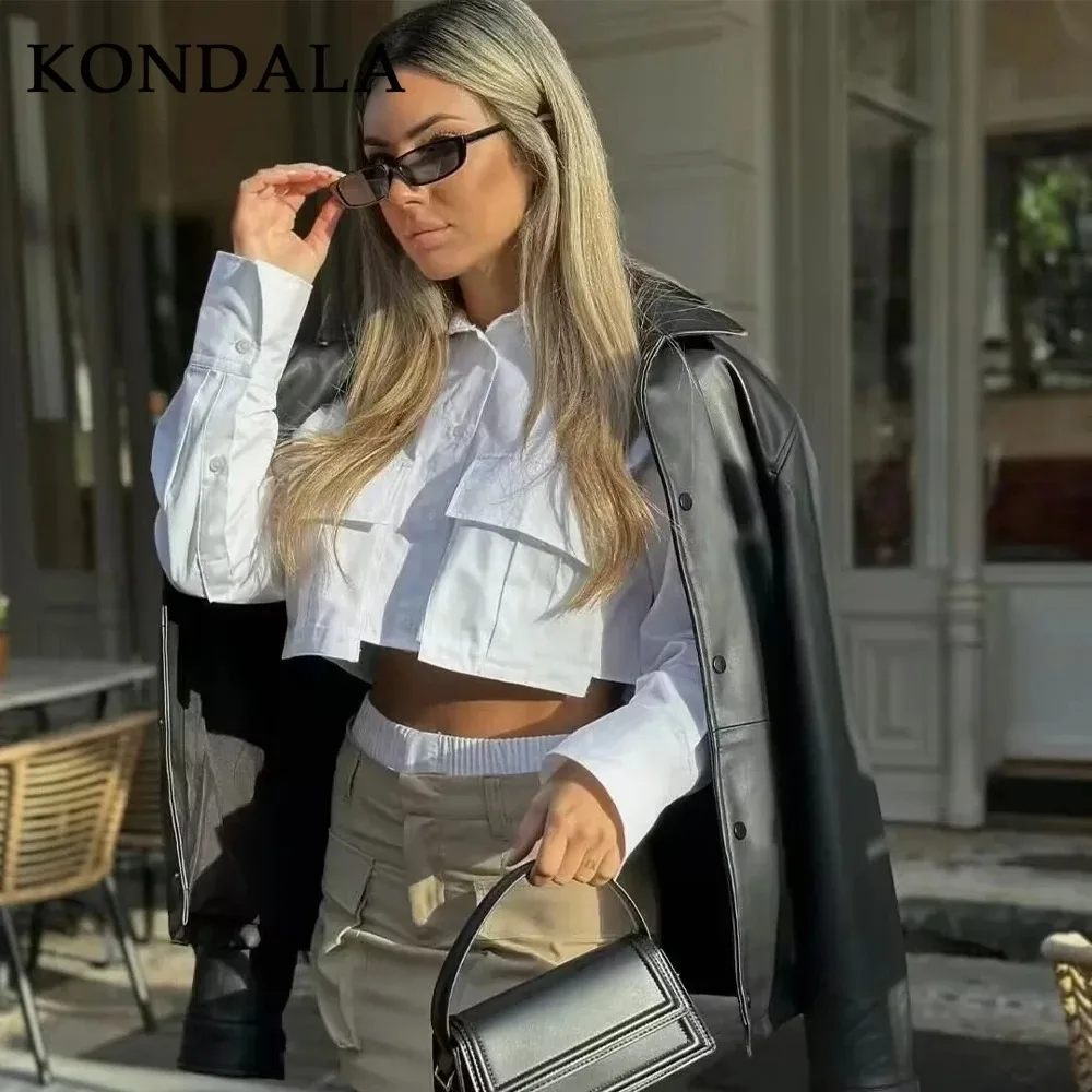 

KONDALA 2025 Fall Casual Women Short Shirts Fashion Streetwear Solid Pockets Turn Down Collar Single Breasted Chic Short Shirts
