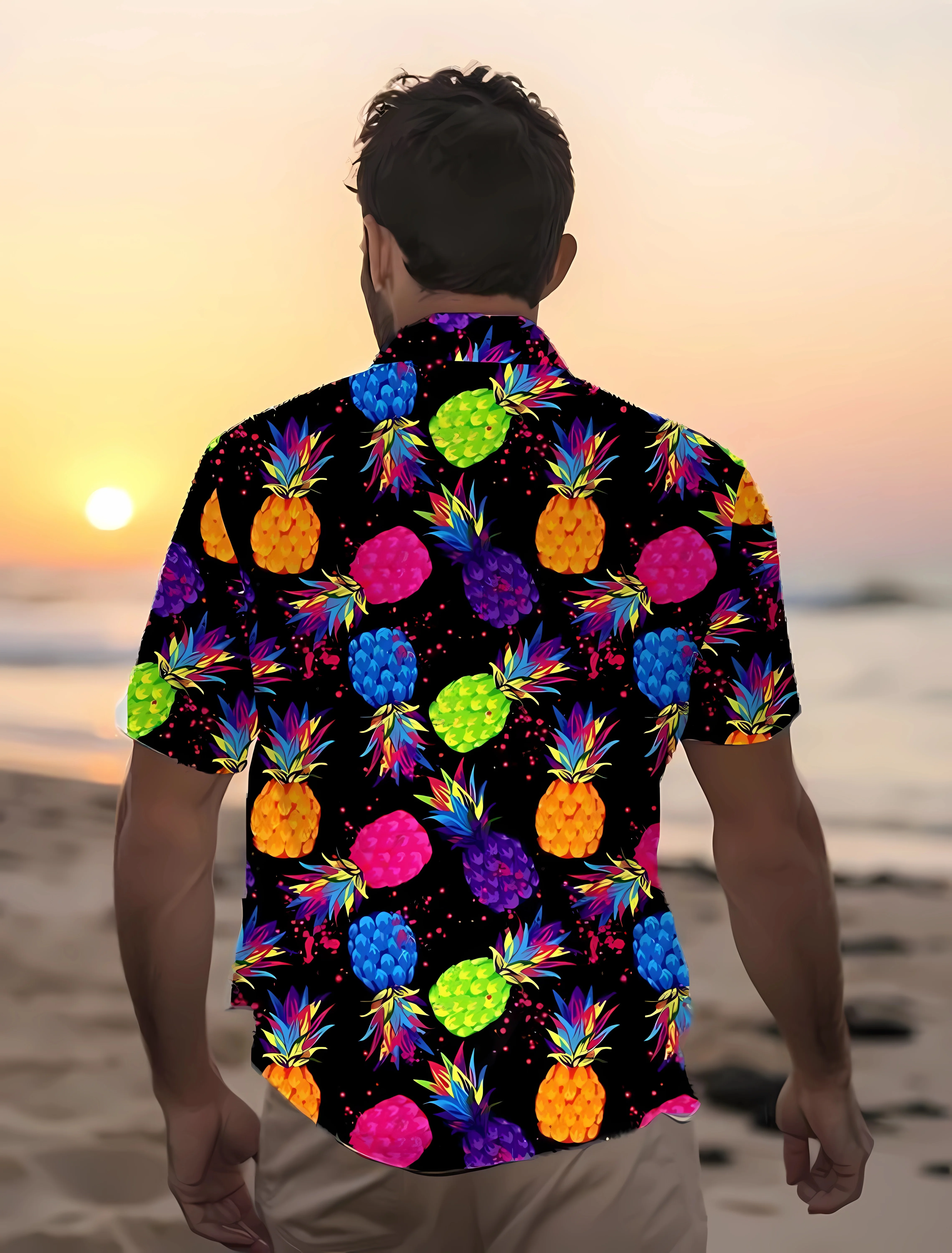 Colorful Pineapple Pattern Men\'s Short Sleeve Button Down Lapel Shirt For Summer Resort Holiday, Hawaiian Style