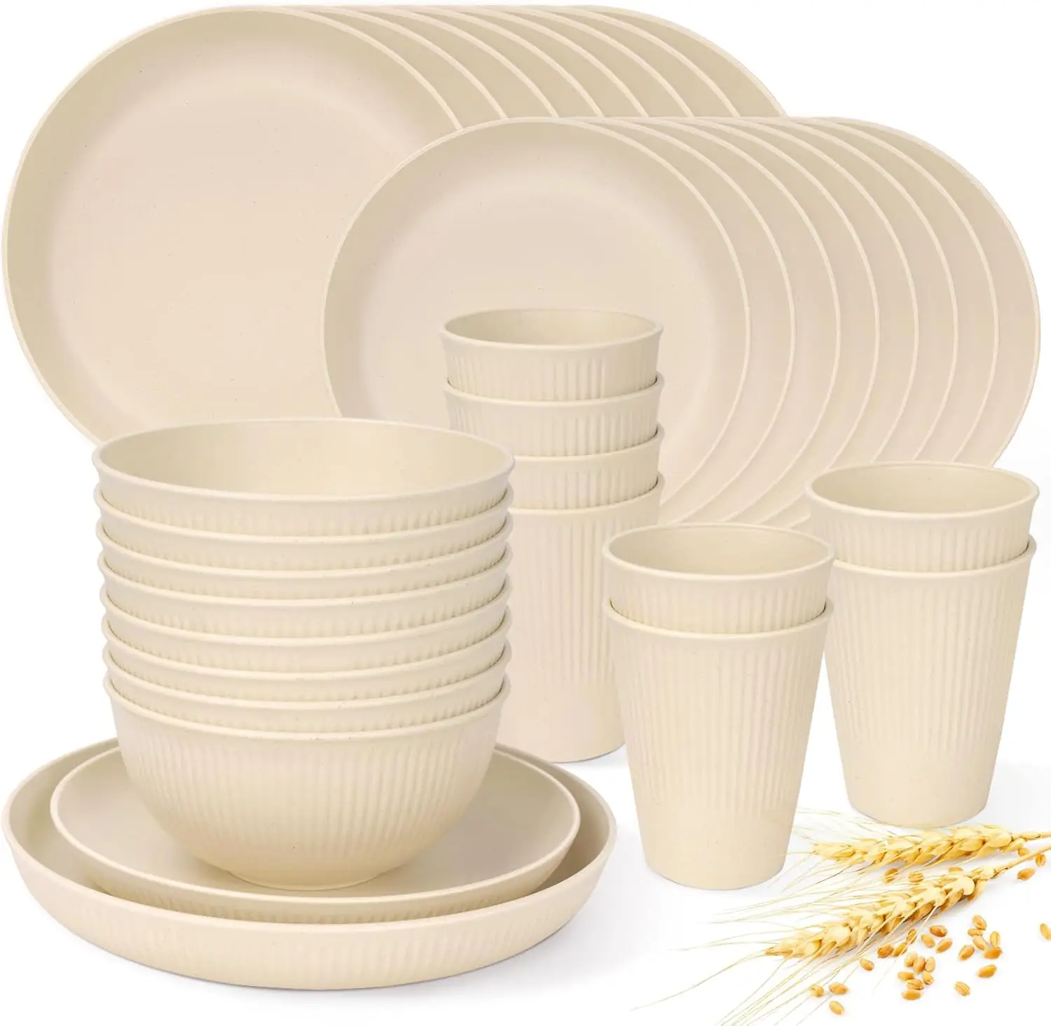 

Wheat Straw Dinnerware Sets for 8, 32-Piece Plates and Bowls Sets for Kitchen, Reusable Unbreakable Dinnerware Set for Camping