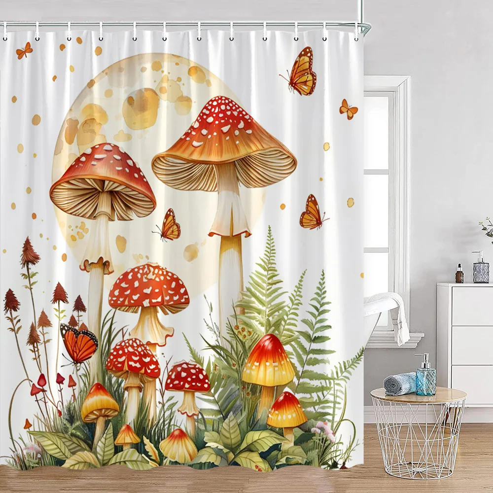 Autumn Mushroom Shower Curtains Rustic Butterfly Watercolour Plants Bathroom Decor Polyester Fabric Bath Curtain Set with Hooks