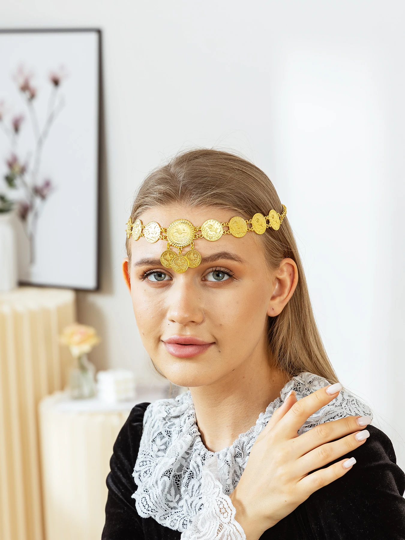 غطاء رأس الزفاف العربي العصري الذهبي اللون سبائك معدنية عملة شرابة رئيس سلسلة مجوهرات عقال المرأة اكسسوارات الزفاف #4