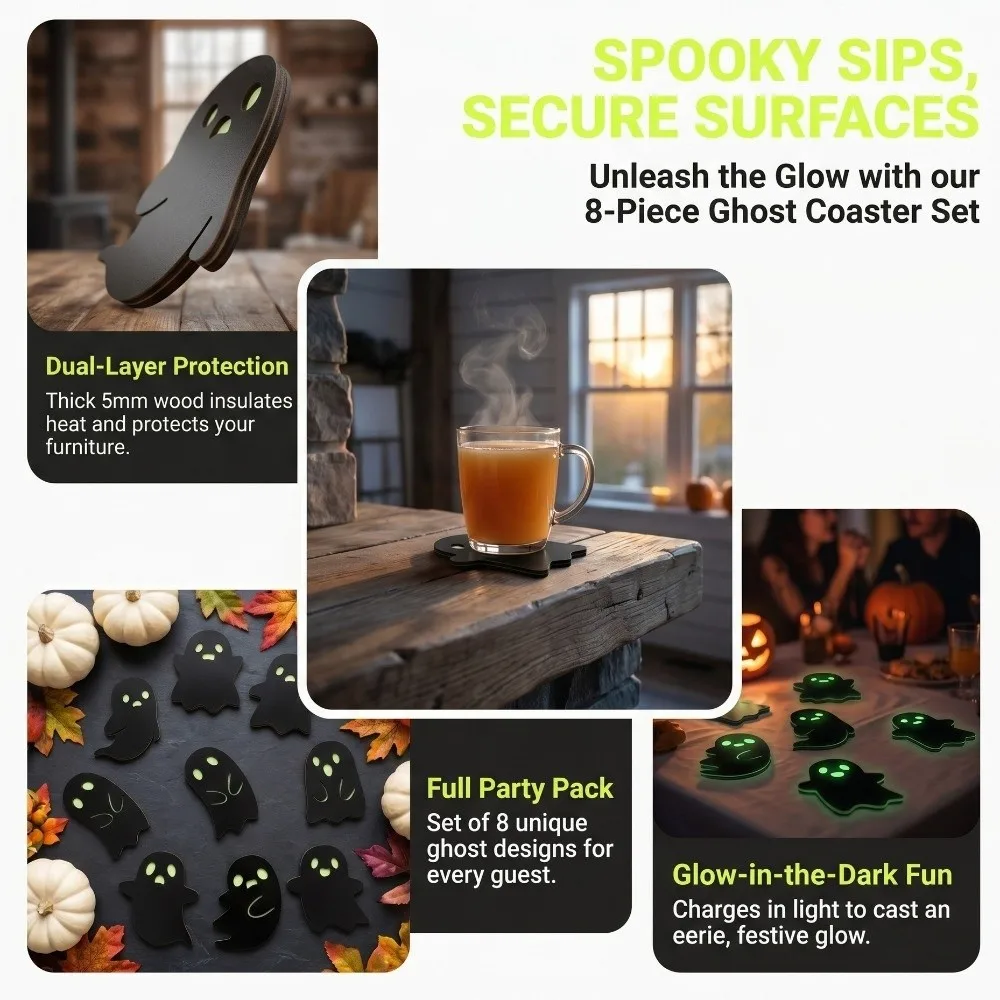 4/8PCS Anti-slip Glow-in-the-dark Coasters Dark Style Spooky Wooden Pumpkin Coasters Heatproof Luminous Skull Drink Coasters