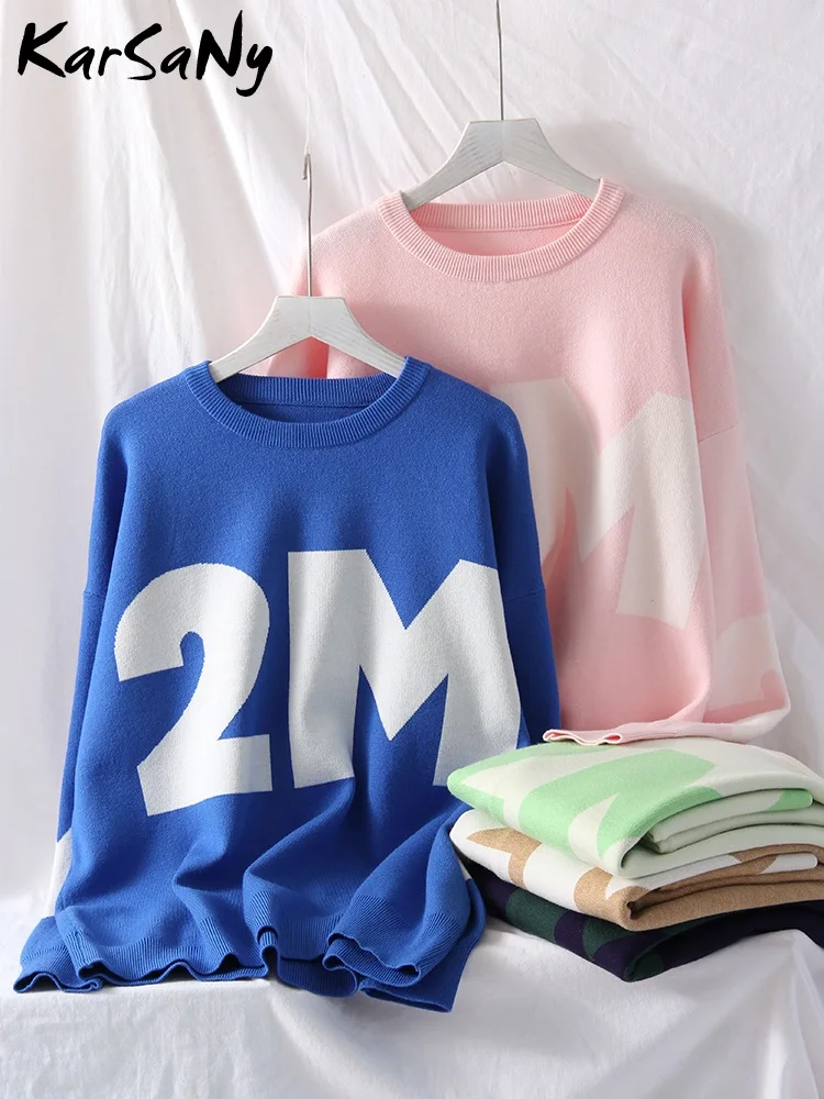 

2024 Autumn Oversized Letter Sweaters For Women Casual Loose Pullovers Knitted Pink O Neck Fashion Warm Women's Sweaters