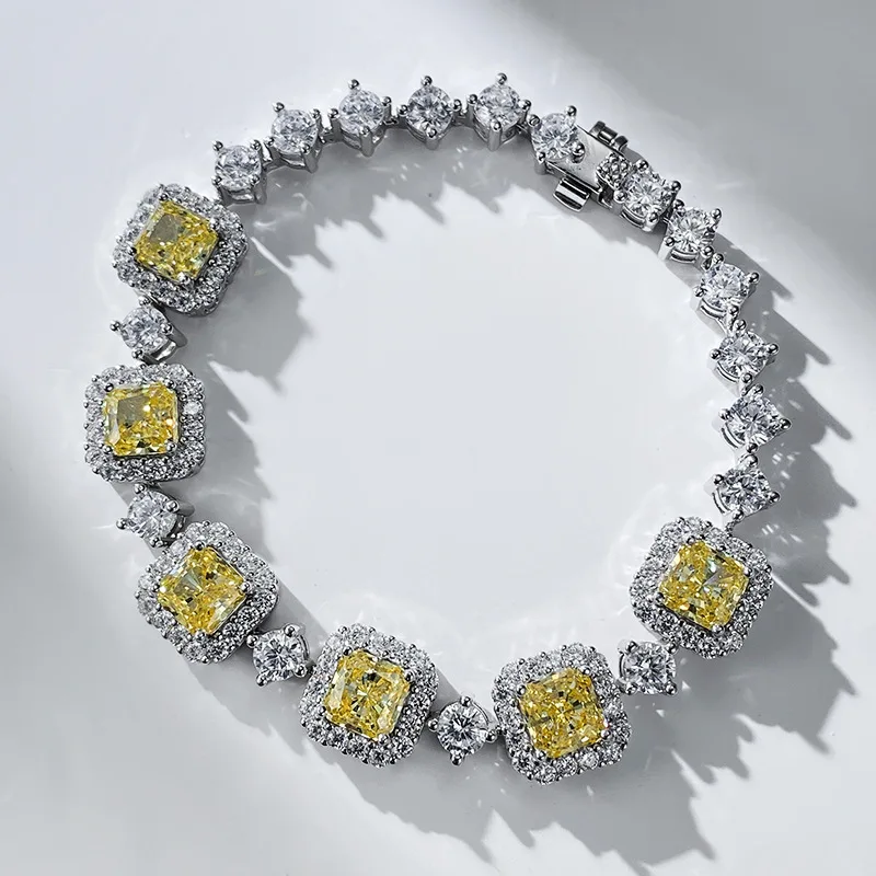 

S925 Silver Bracelet 6 * 6 Yellow Diamond White Diamond High Carbon Diamond Small Fashion Design Feel Bracelet Jewelry