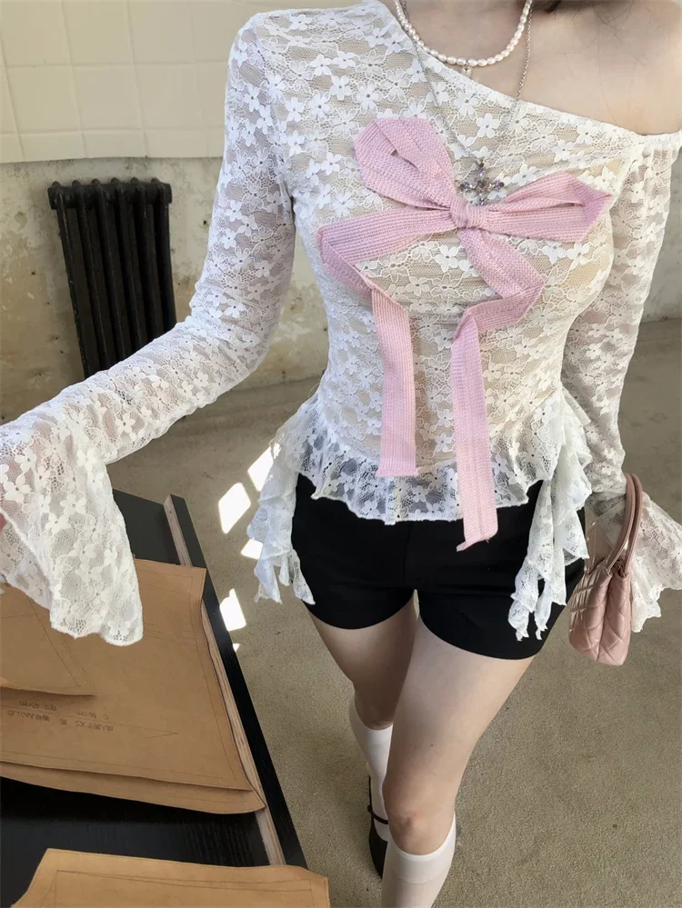 Stitch Ribbon Lace T-Shirt Elegant Lolita Hollow Shoulder T Shirt fairycore 2000s grunge gothic y2k korean aesthetic soft e-girl