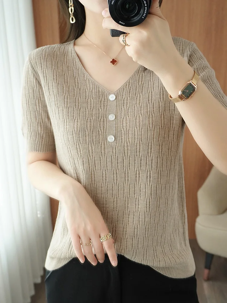 TuangBiang Summer 2023 Translucent Hollow Out Women Pullovers Button V-Neck Short Sleeve Knitted Grey T-Shirt Cotton Thin Tops