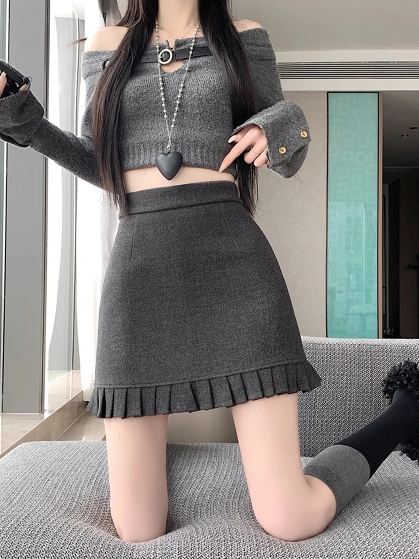 High Waist A-Line  Skirt Women's Grey Lace Woolen Skirt Slimming Korean Style City Commute Casual Fashion Skirt