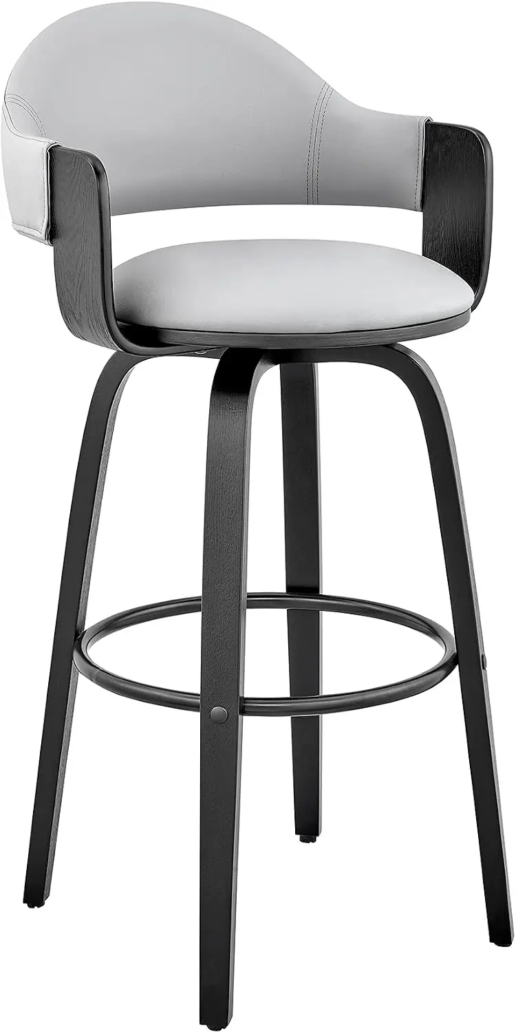 Daxton Mid Century Modern Swivel Bar Stool for Kitchen Island Counter in Gray Faux Leather and Black Wood, 26