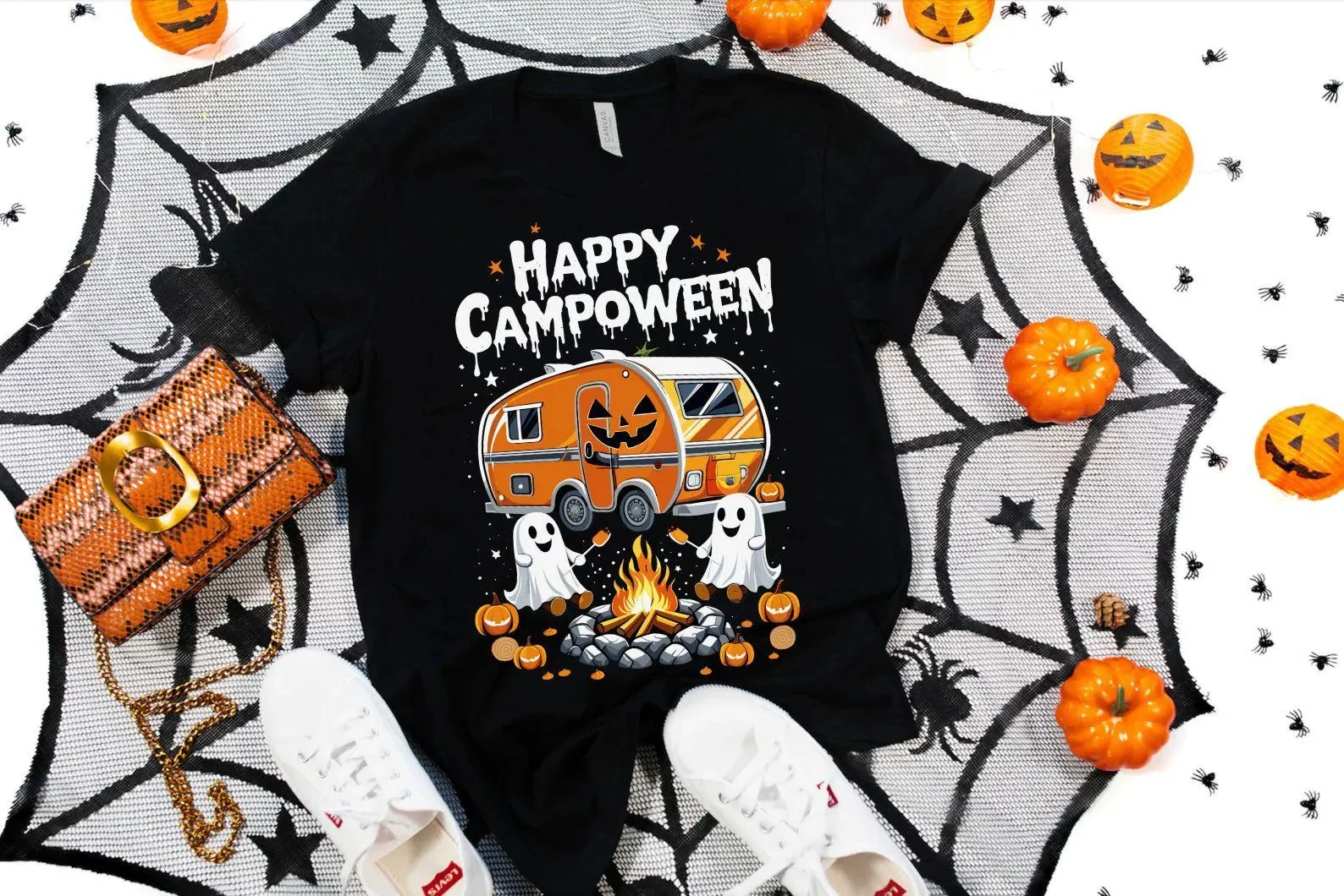 2026 Halloween Shirt, Joyful Camping T-shirt, Pure Cotton Printed Halloween Shirt, Men's and Women's Same Casual Vacation Top