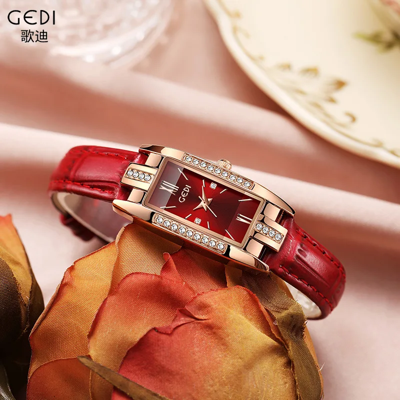 Light Luxury Brand Starry Sky Ladies Watch Red Leather Fashionable and Versatile Square Waterproof Women's Quartz Wristwatches