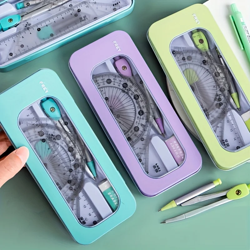 1-set Durable 7-in-1 Measuring and Drawing Tool Set, Including Compass, Protractor, Ruler, and Eraser