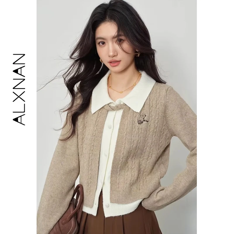 

ALXNAN Knitted Cardigan Lapel Collar False Two-Piece Color-block Embroidery Sweater Elegance Autumn New Woman's Clothing L57922
