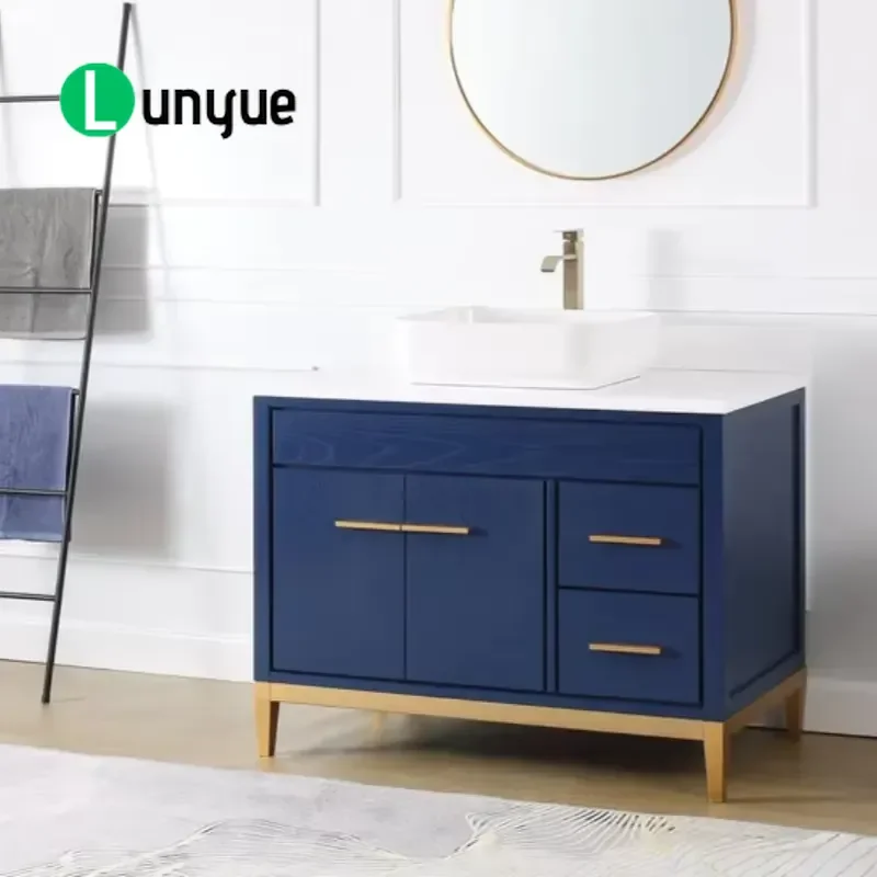 Luxury Solid Wood Bathroom Vanity Cabinet Traditional Gloss White Dark Blue Waterproof Counter Unit Wide Storage Ceramic