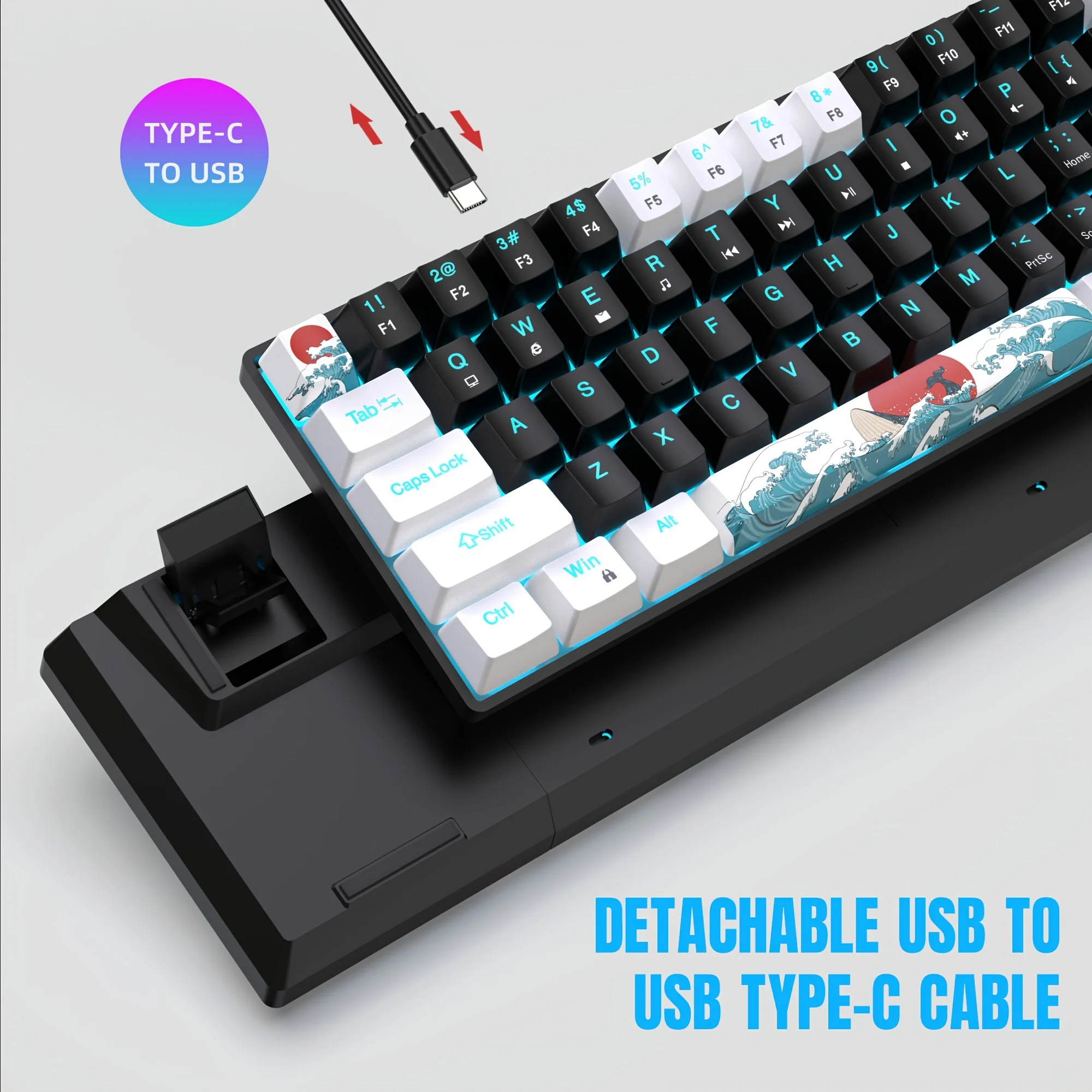 Ergonomic Mechanical Gaming Keyboard - 68 Keys with Blue Switches, Detachable USB-C Cable, and Backlit Design for Windows/M