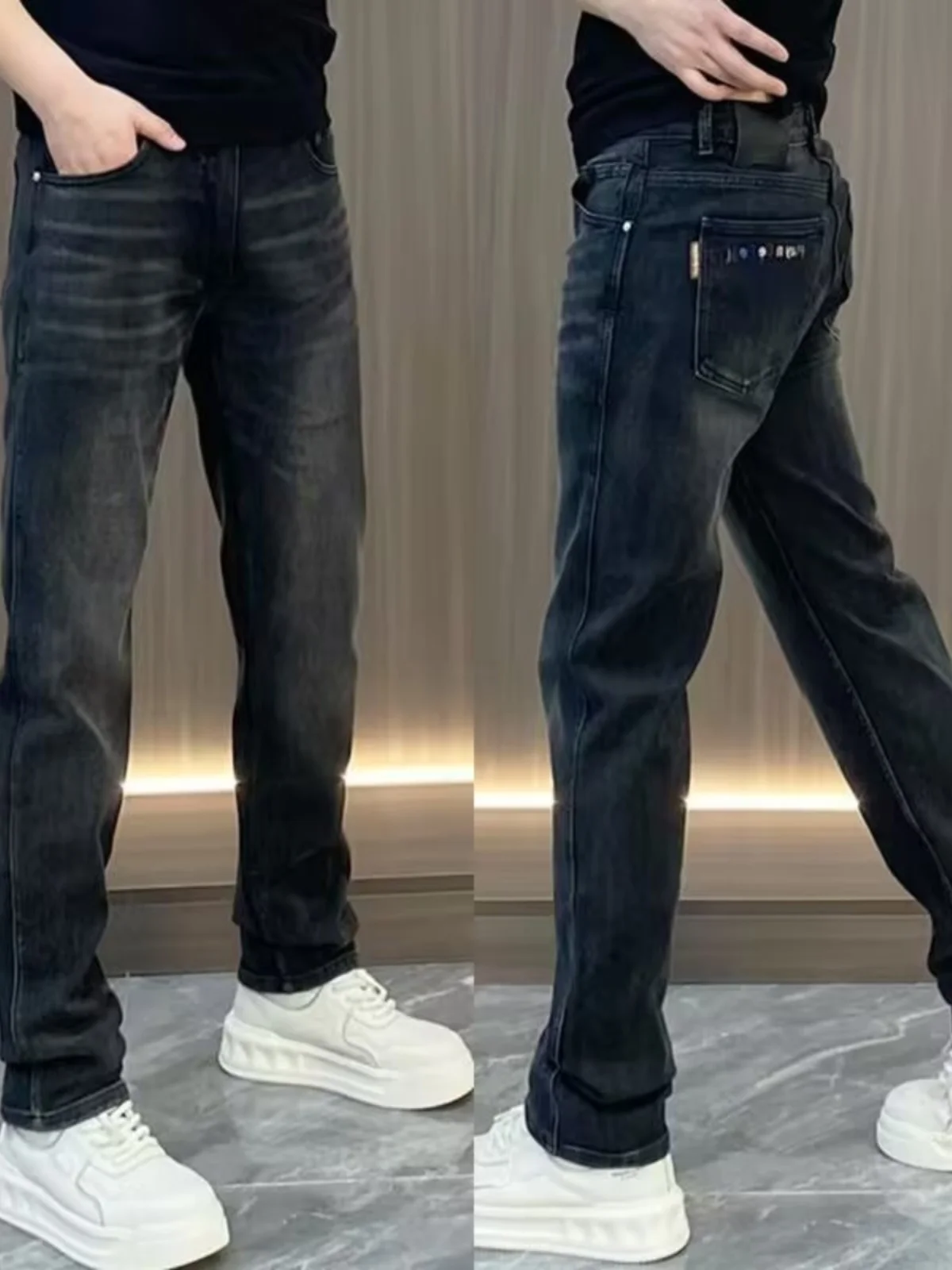 Nieuwe lente herfst high-end heren casual bla waed denim jeans faionable veelzijdige wijde pijpen rechte lange broek