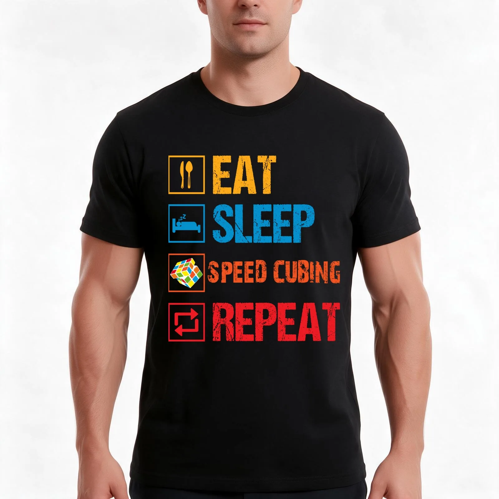 Eat Sleep Speed Cubing Repeat T-Shirt, Summer Casual Cotton Tee, Oversized Streetwear Tops, Vintage Graphic Print, 100% Cotton
