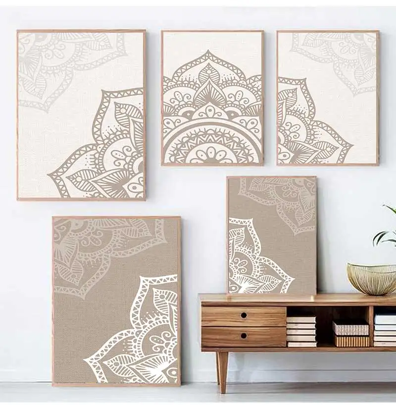 Bohemia Mandala Floral Beige Abstract Posters Canvas Painting Wall Art Print Pictures for Living Room Interior Home Decoration