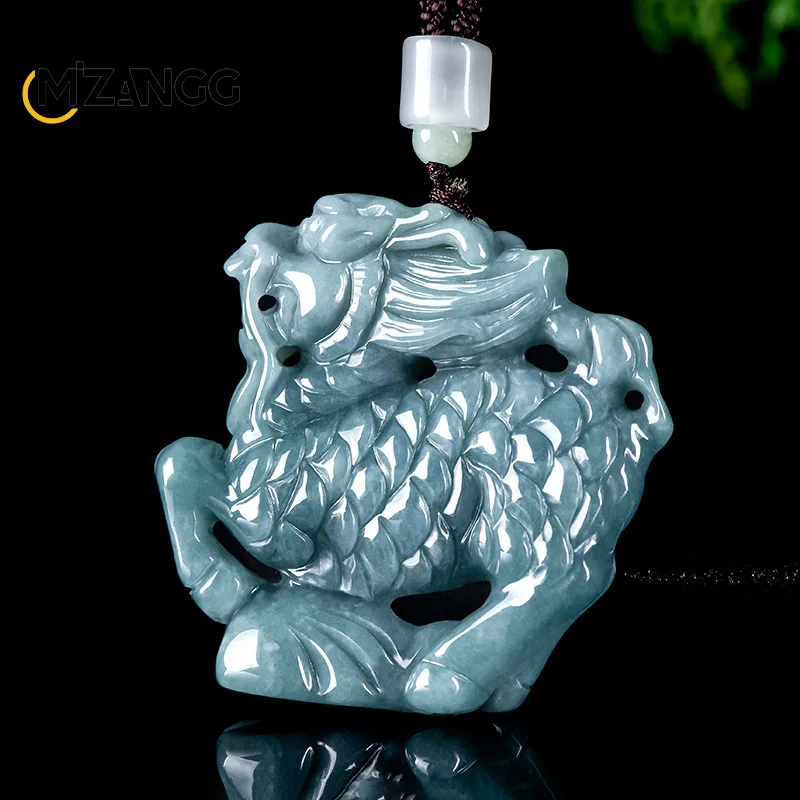 Natural Grade A Blue Water Jadeite 3D Carved Qilin Blessing Ice Jade Pendant Fashion Wealth Men's and Women's Jewelry Necklaces