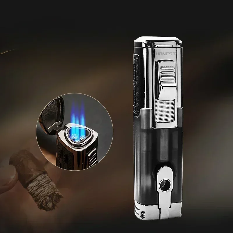 Perspective Fuel Tank Metal Butane Lighter with Cigar Cutter Cigarette Lighter Windproof Gas Torch Spray Gun Three Flames