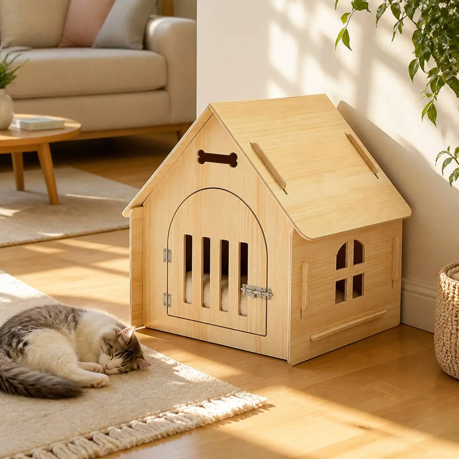 Wood Cat Shelter House for Indoor Outdoor Pet with Hinged Door and Airflow Openings for Cozy Privacy