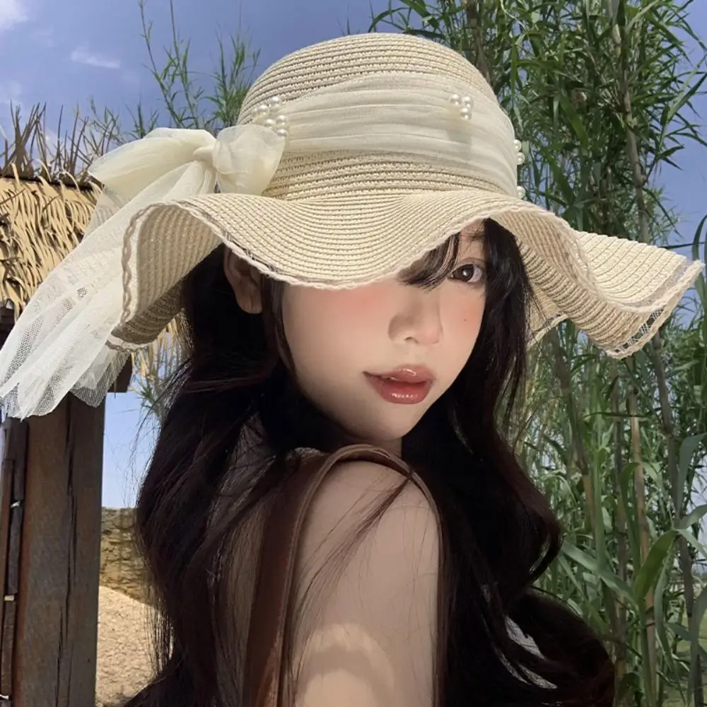 

Elegant Spring Summer Bow Ribbon Straw Hat Big Brim Foldable Lace Pearls Straw Hat French Style Beach Women's Sun Hat Girls