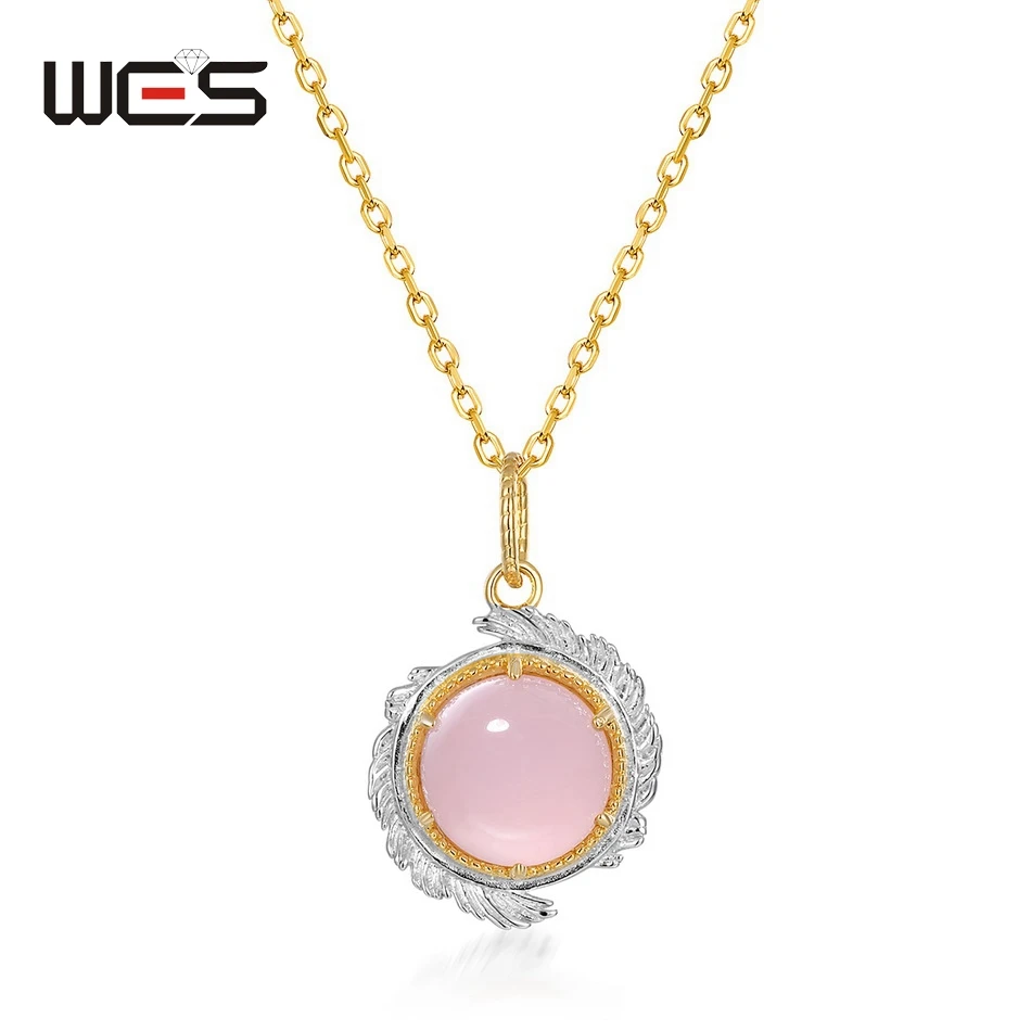 WES 925 Sterling Silver Pendant Necklace for Women 8*8mm Rose Quartz Christmas Party Gifts Fashion Jewelry Gold Plated Wholesale