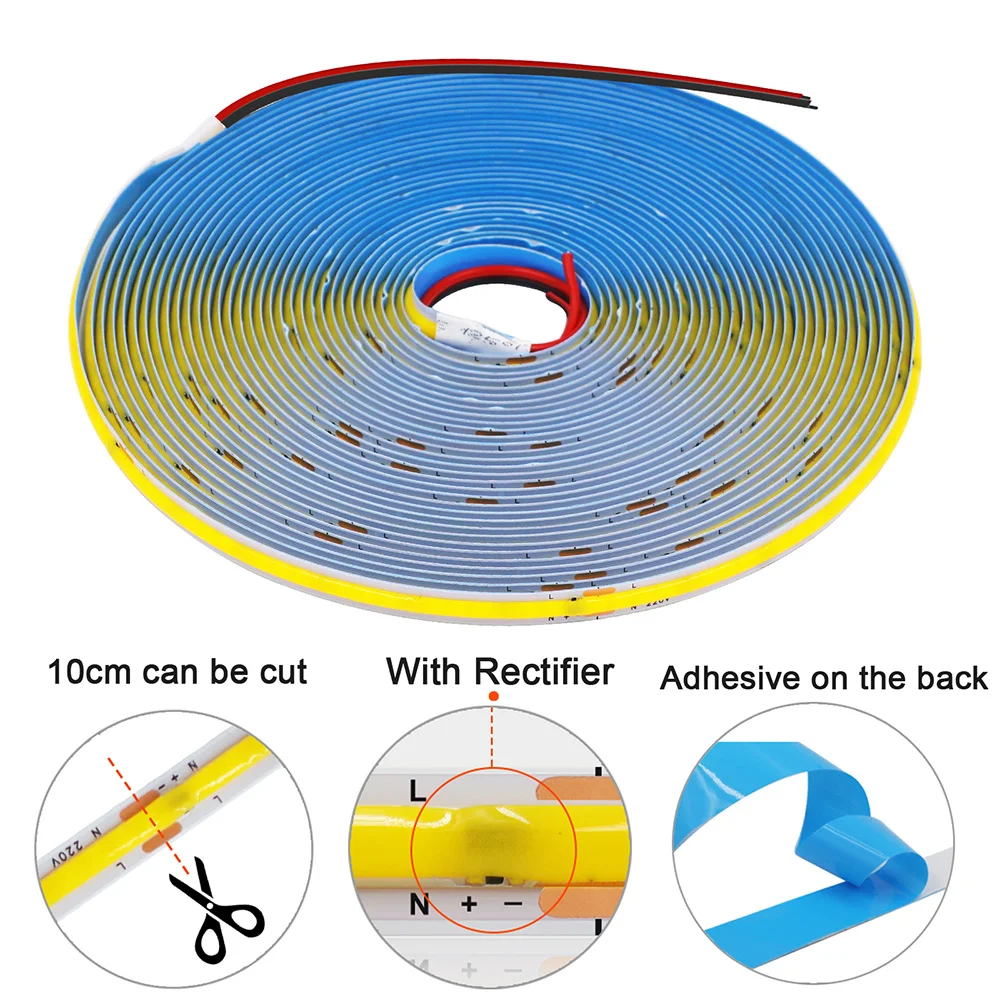 5m 10m 20m 50m COB LED Strip Light 220V 230V Flexible Tape Lights with IC Chip High Bright 240LEDs/m Linear Lighting RA90