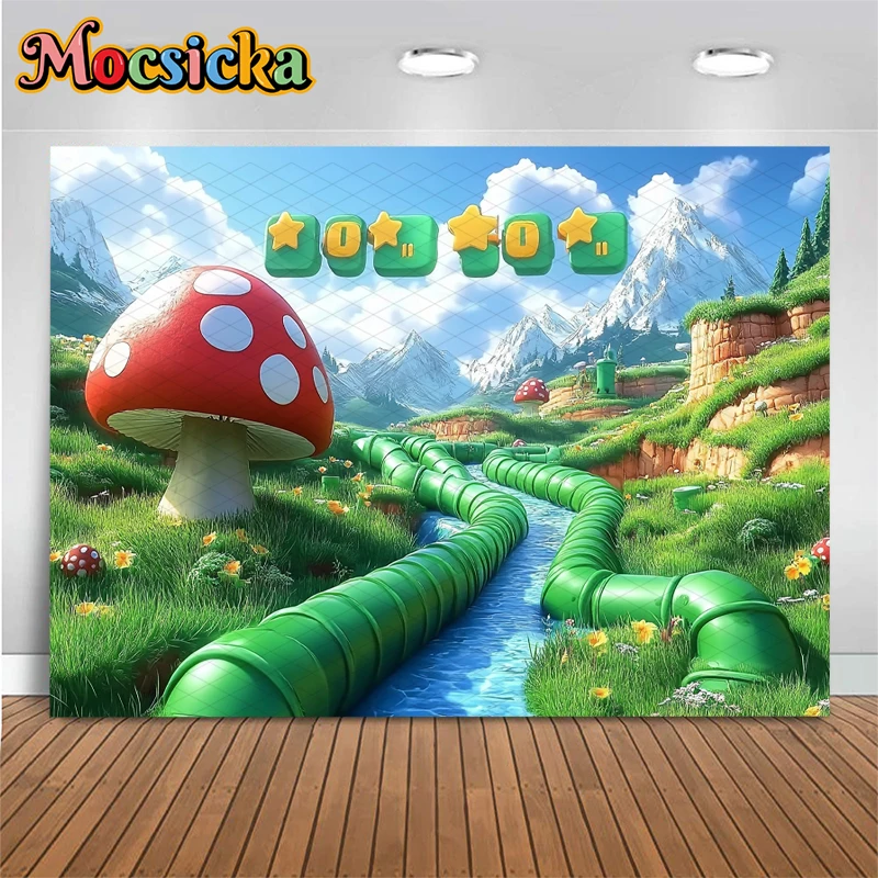 Mocsicka Happy Birthday Photo Background Red Mushroom Green Pipe Snow Mountain Floating Golden Star Blue Sky Kids Party Backdrop