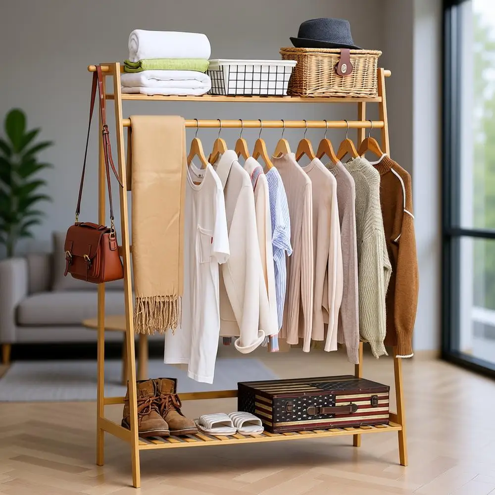 

Прочная бамбуковая вешалка для одежды с верхней полкой и органайзером для обуви