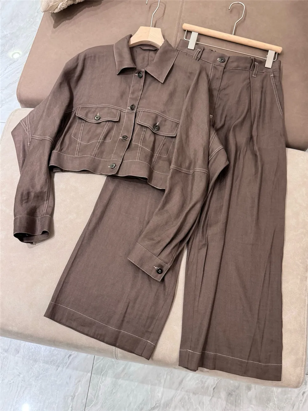 

High Quality Linen Blended Fashion Suit Women's Short Jacket +Straight Wide-Leg Pants Casual 2-piece Set