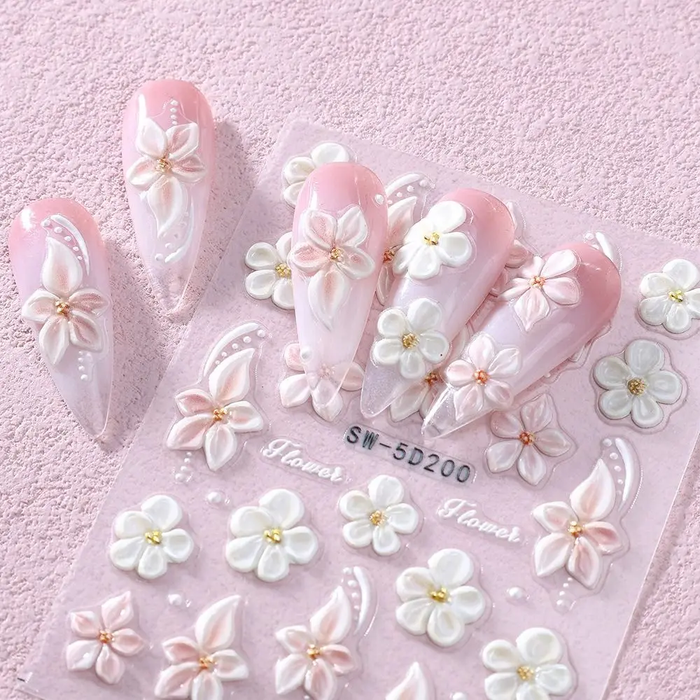 French Embossed Nail Stickers Waterproof Lily Petal Design 3D Nail Art Decals White Pink Petals Gold Line French